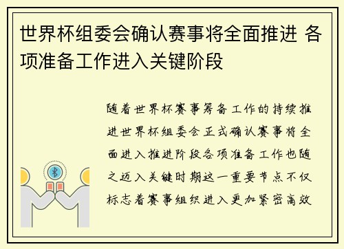 世界杯组委会确认赛事将全面推进 各项准备工作进入关键阶段